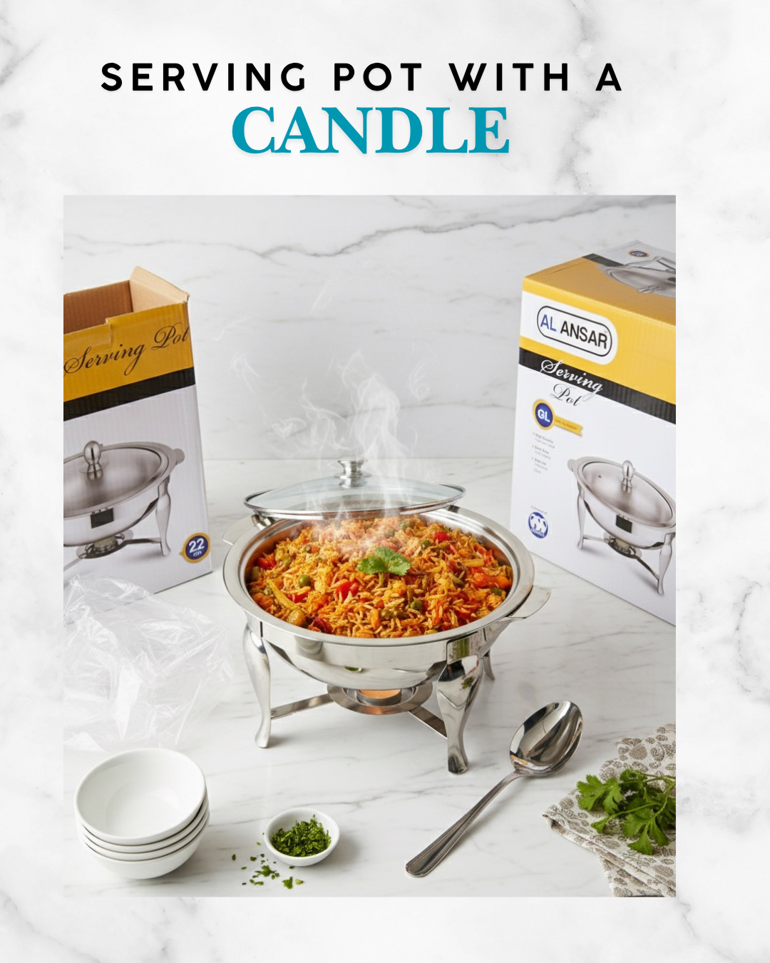 Stainless Steel Chafing Dish (24cm) – Buffet Serving Pot with Tealight Candle | Design 01