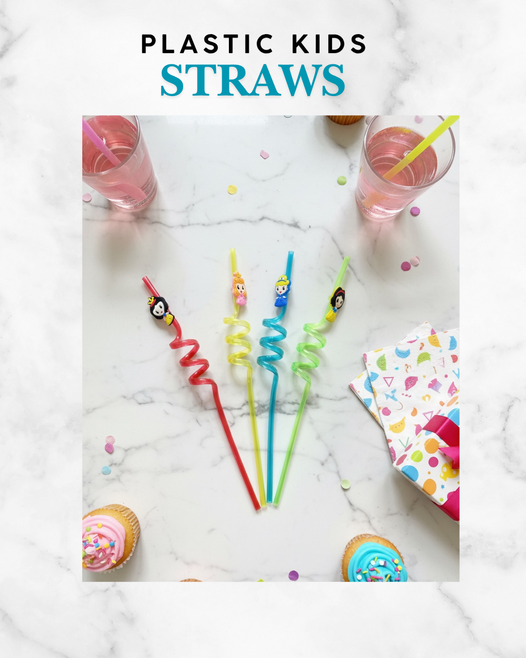 4 Pcs -Reusable Fruits, Cartoon, Vegetable, ice cream, Plastic Spiral Straws for Children - Toddler and kids - Random Color