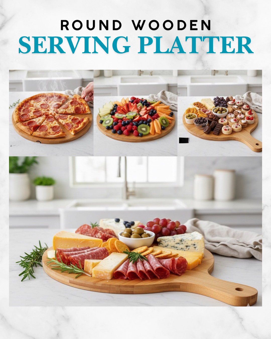 'Round Bamboo Pizza Tray with Handle – Multi-Size Serving & Cutting Board