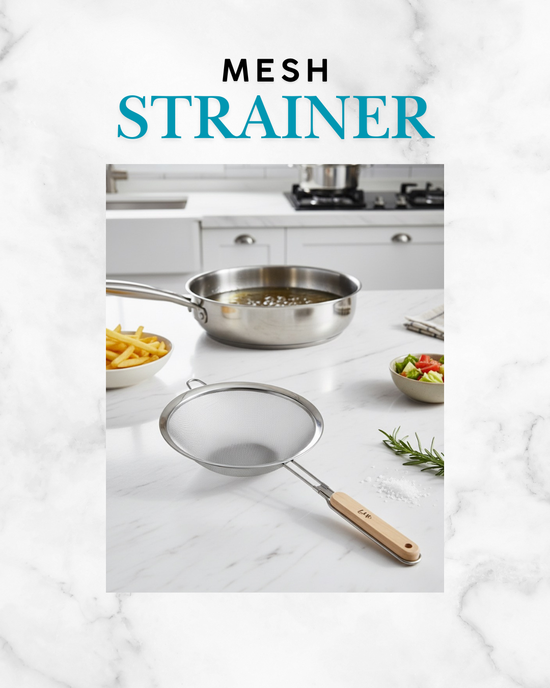 Mesh Premium Stainless Steel Strainer with Wooden Handle – Fine Mesh Kitchen Sieve for Rice, Pasta, and Herbs