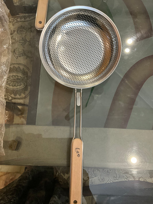 Stainless Steel Strainer Spoon with Wooden Handle – Deep Oil Filter & Frying Scoop for Pakoras, Chips, and More